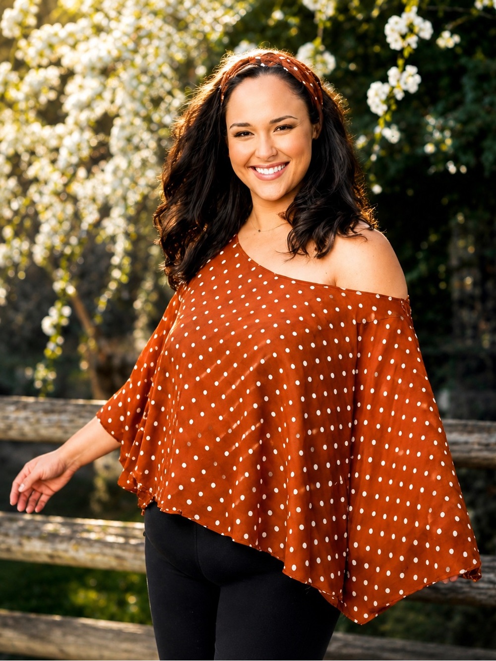 Vintage 80s chiffon brown and white polka dot semi sheer off shoulder over top